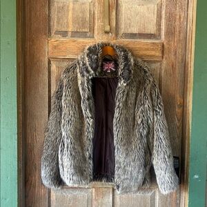 Miss London Faux Fur Coat with Union Jack Detail